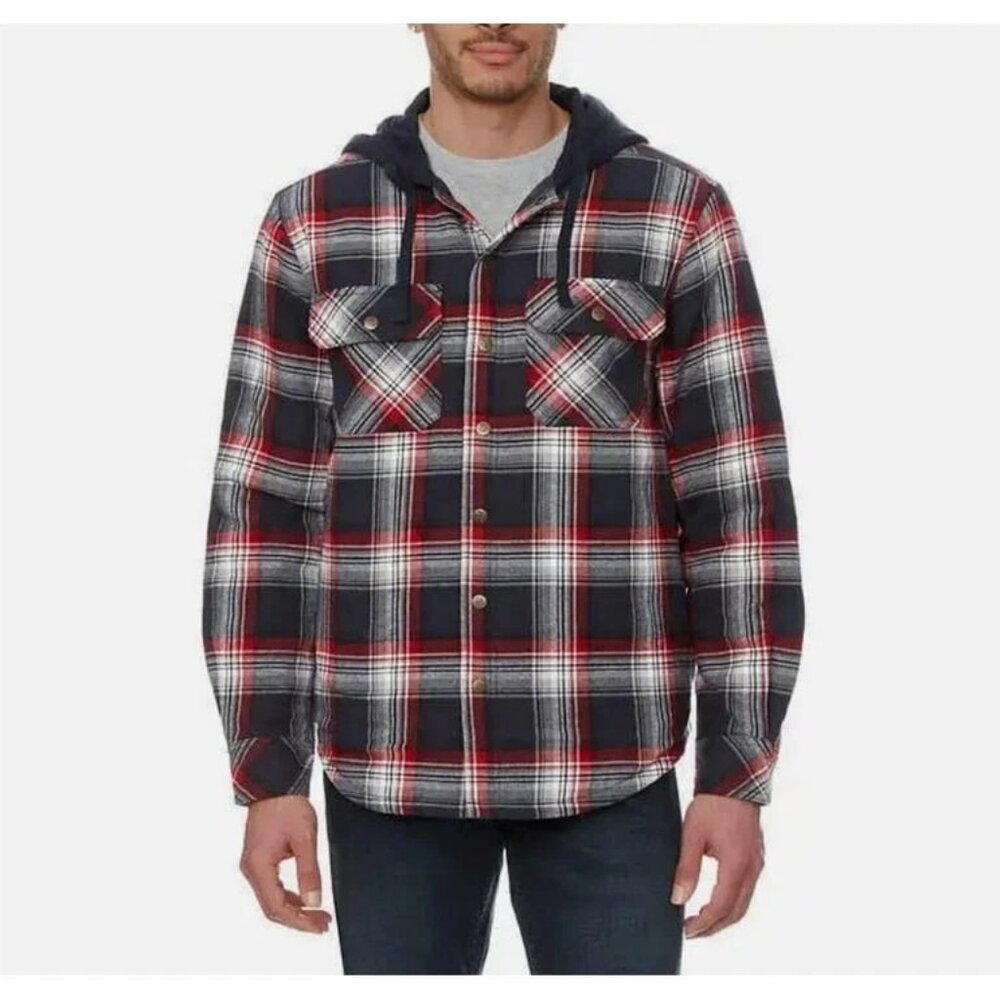 Legendary Outfitters Shirt Jacket XL Blue Red Plaid‎ Flannel Snap-Front Hooded